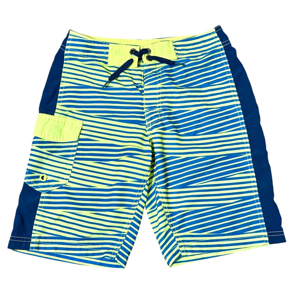 Puma Boys Neon Yellow Blue Striped Board Shorts Swim Trunks Size Size-8 Unlined